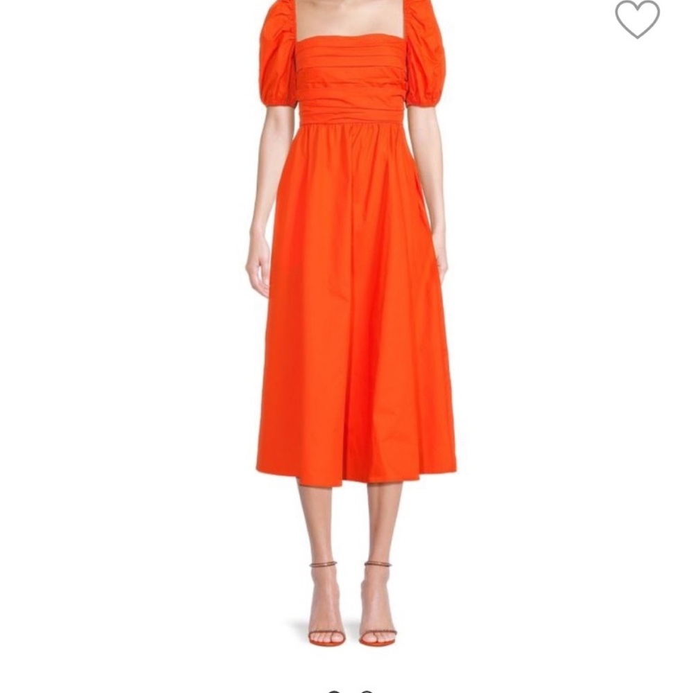 Elegant and Fun Orange Puff Sleeve O.P.T. Midi Dress